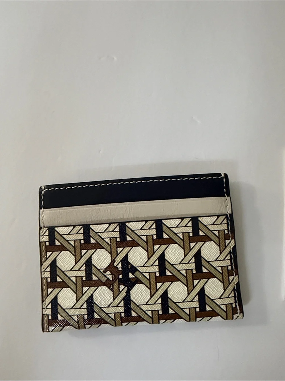 Tory Burch Basketweave Printed Leather Card Case in Navy, Ivory & Brown